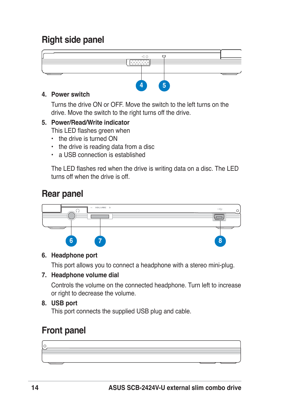 Rear panel, Right side panel front panel | Asus SCB-2424V-U User Manual | Page 14 / 28