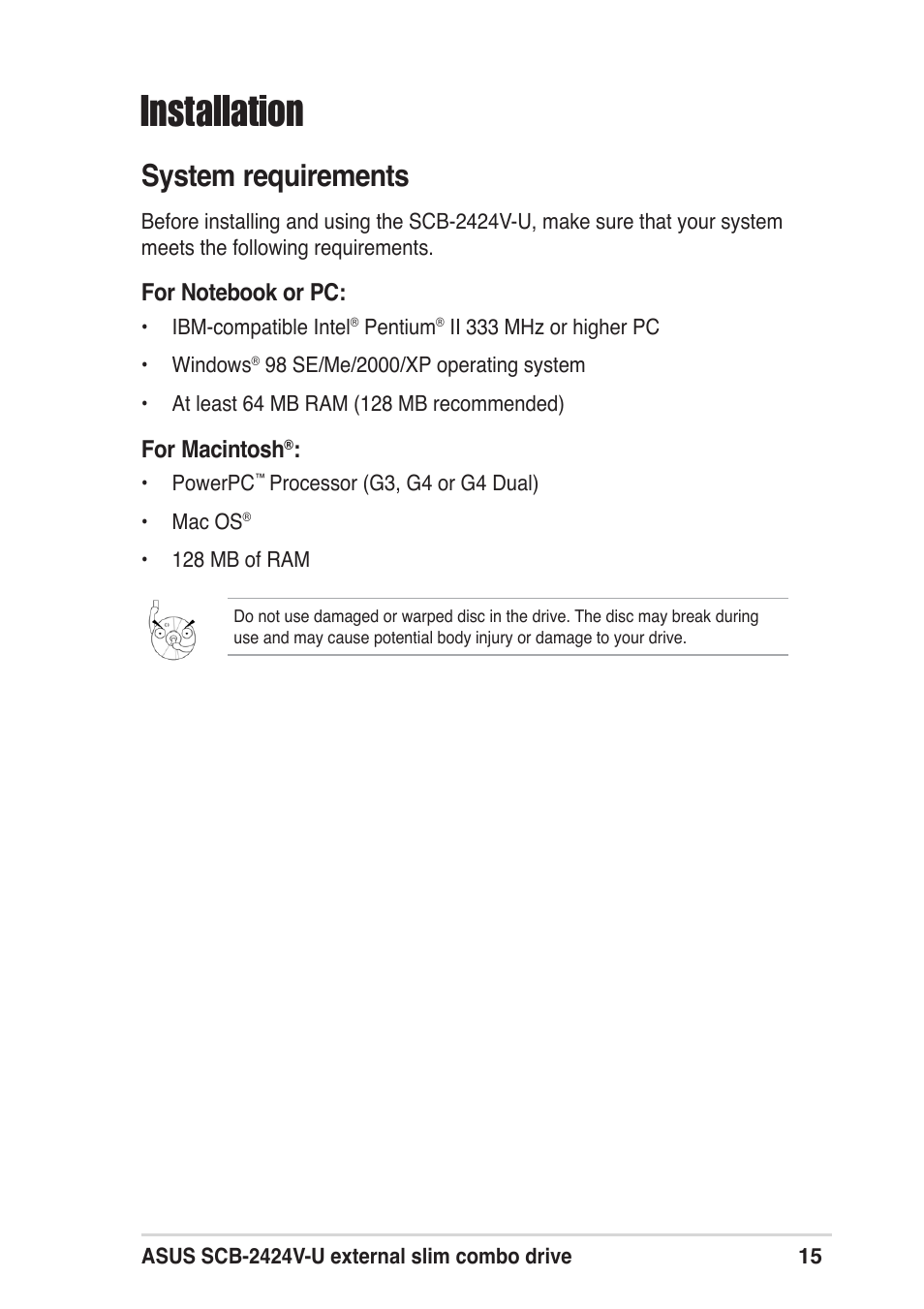 Installation, System requirements | Asus SCB-2424V-U User Manual | Page 15 / 28