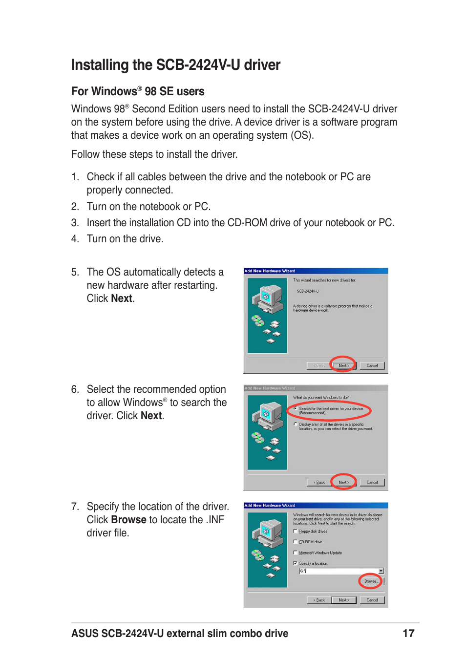 Installing the scb-2424v-u driver | Asus SCB-2424V-U User Manual | Page 17 / 28