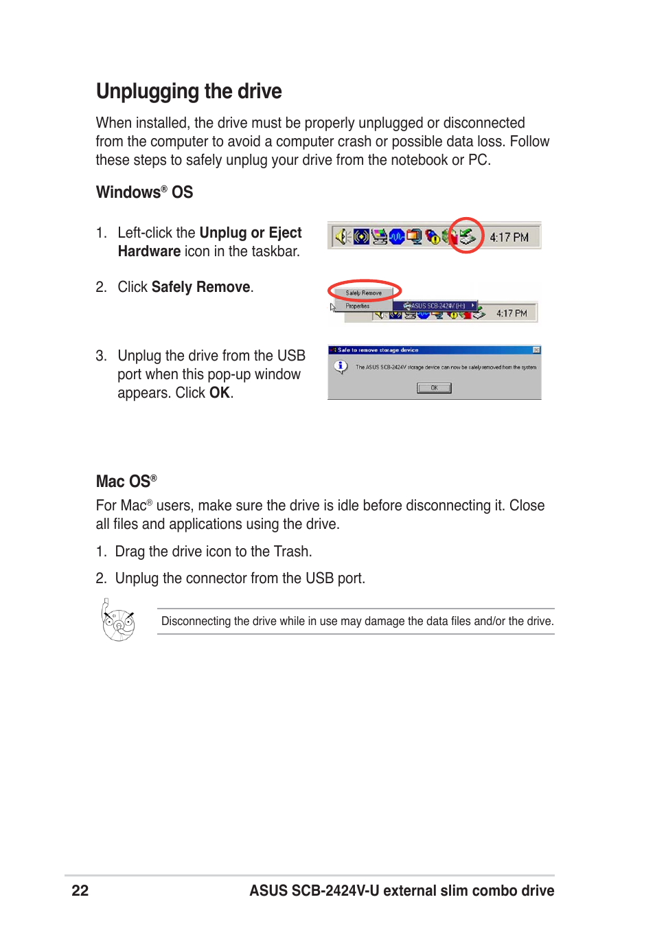 Unplugging the drive | Asus SCB-2424V-U User Manual | Page 22 / 28