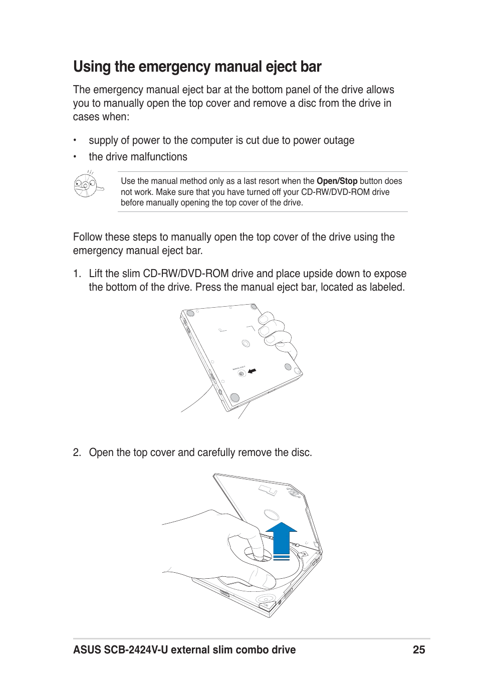 Using the emergency manual eject bar | Asus SCB-2424V-U User Manual | Page 25 / 28