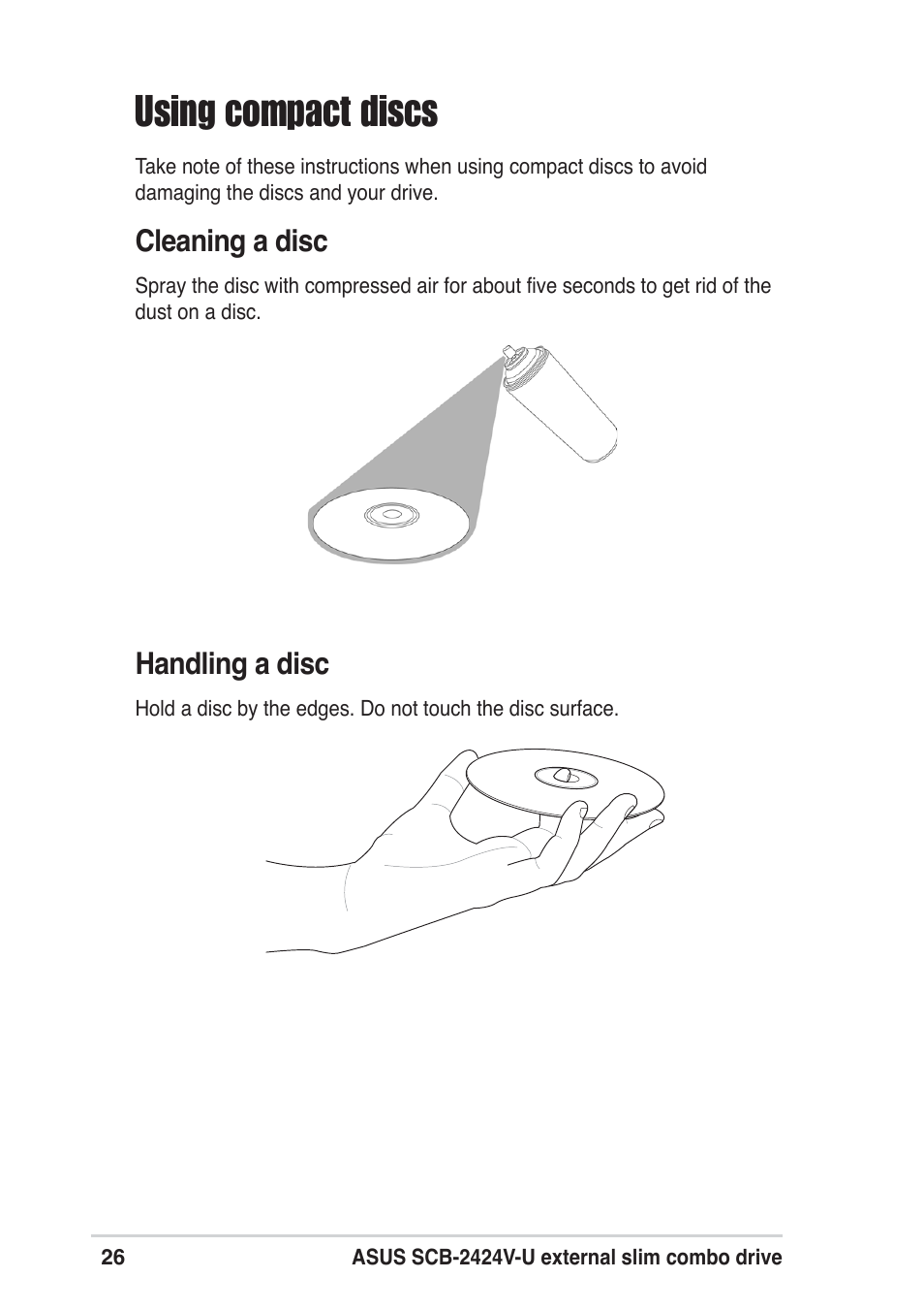 Using compact discs, Cleaning a disc, Handling a disc | Asus SCB-2424V-U User Manual | Page 26 / 28