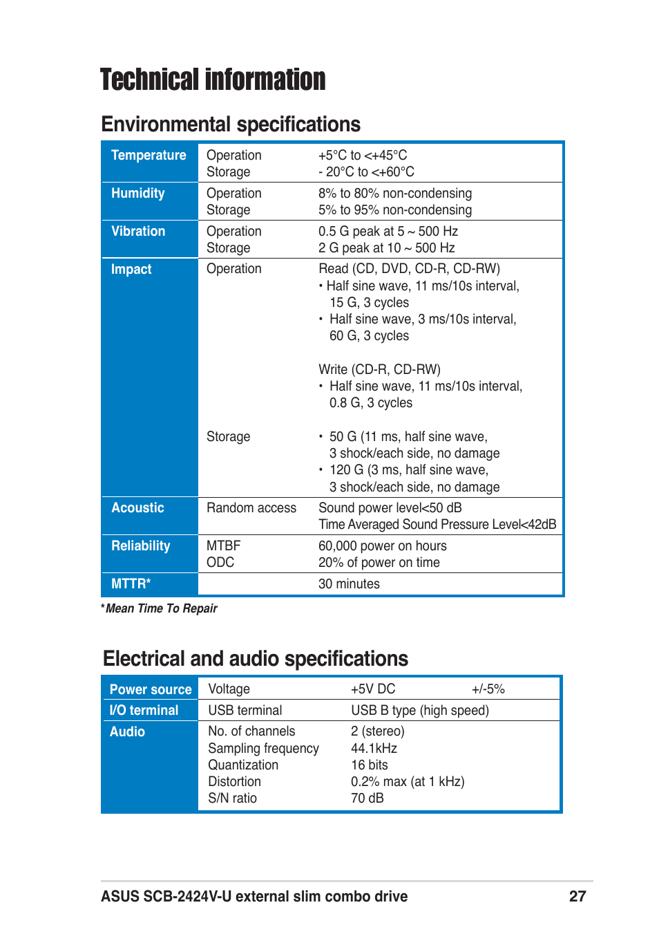 Technical information, Environmental specifications, Electrical and audio specifications | Asus SCB-2424V-U User Manual | Page 27 / 28