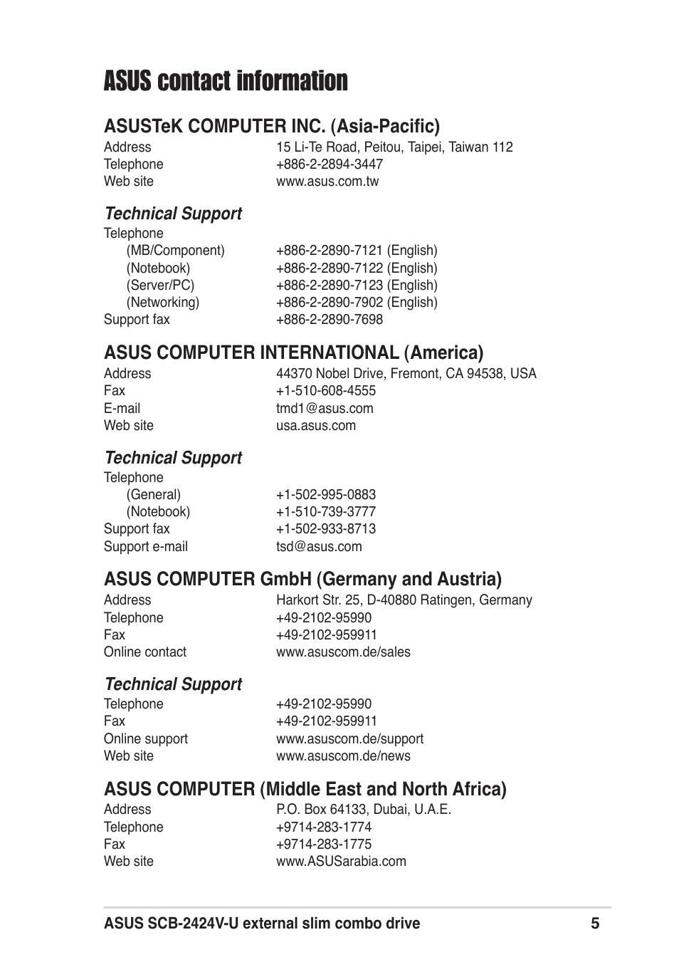 Asus contact information, Asustek computer inc. (asia-pacific), Asus computer international (america) | Asus computer gmbh (germany and austria), Asus computer (middle east and north africa), Technical support | Asus SCB-2424V-U User Manual | Page 5 / 28