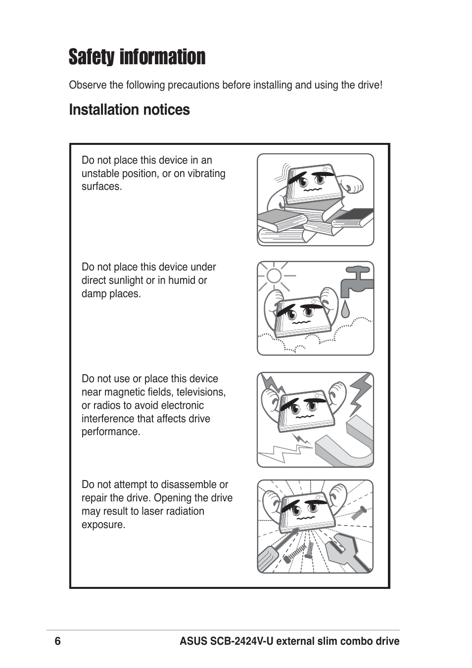Safety information, Installation notices | Asus SCB-2424V-U User Manual | Page 6 / 28