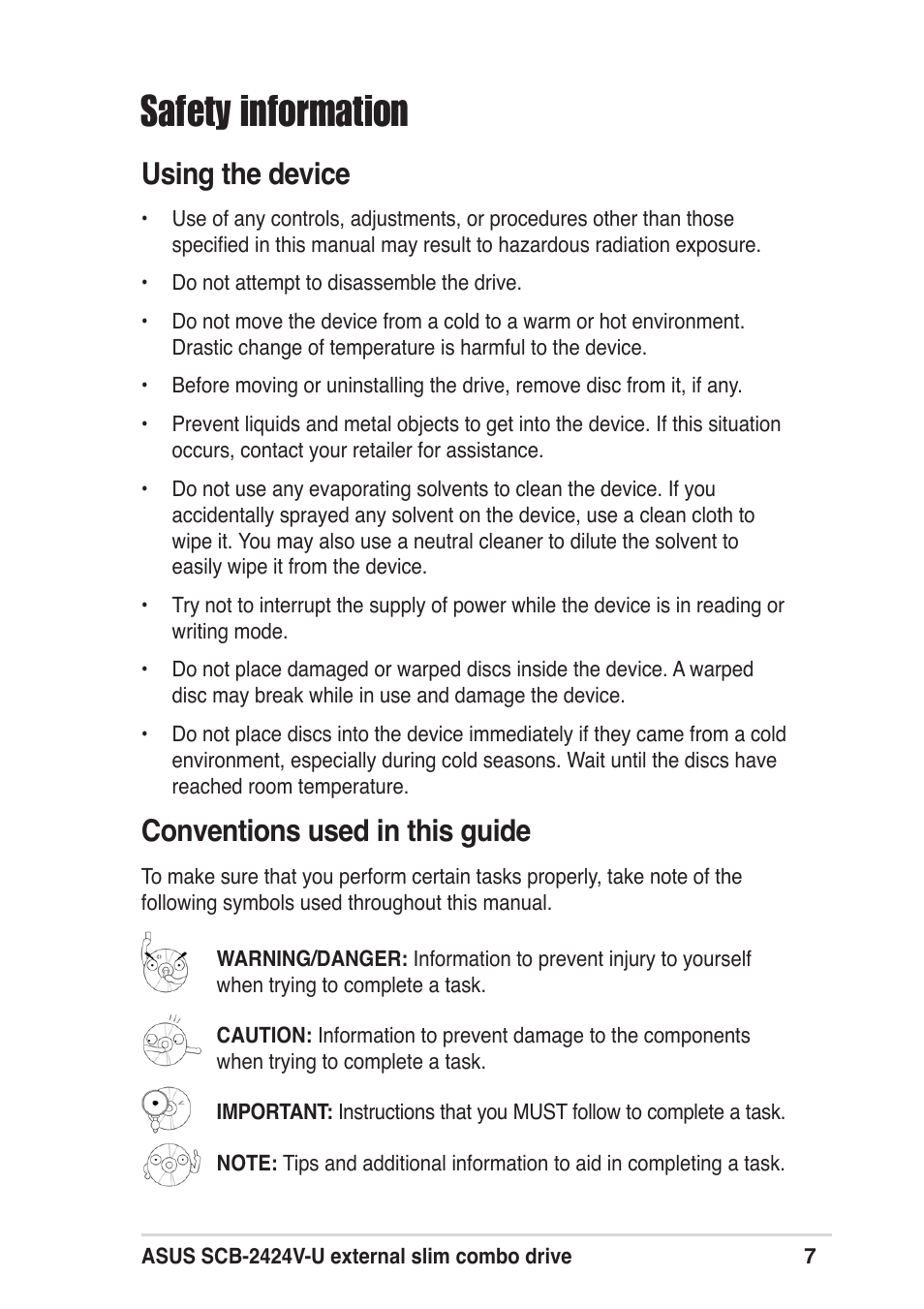 Safety information, Using the device, Conventions used in this guide | Asus SCB-2424V-U User Manual | Page 7 / 28