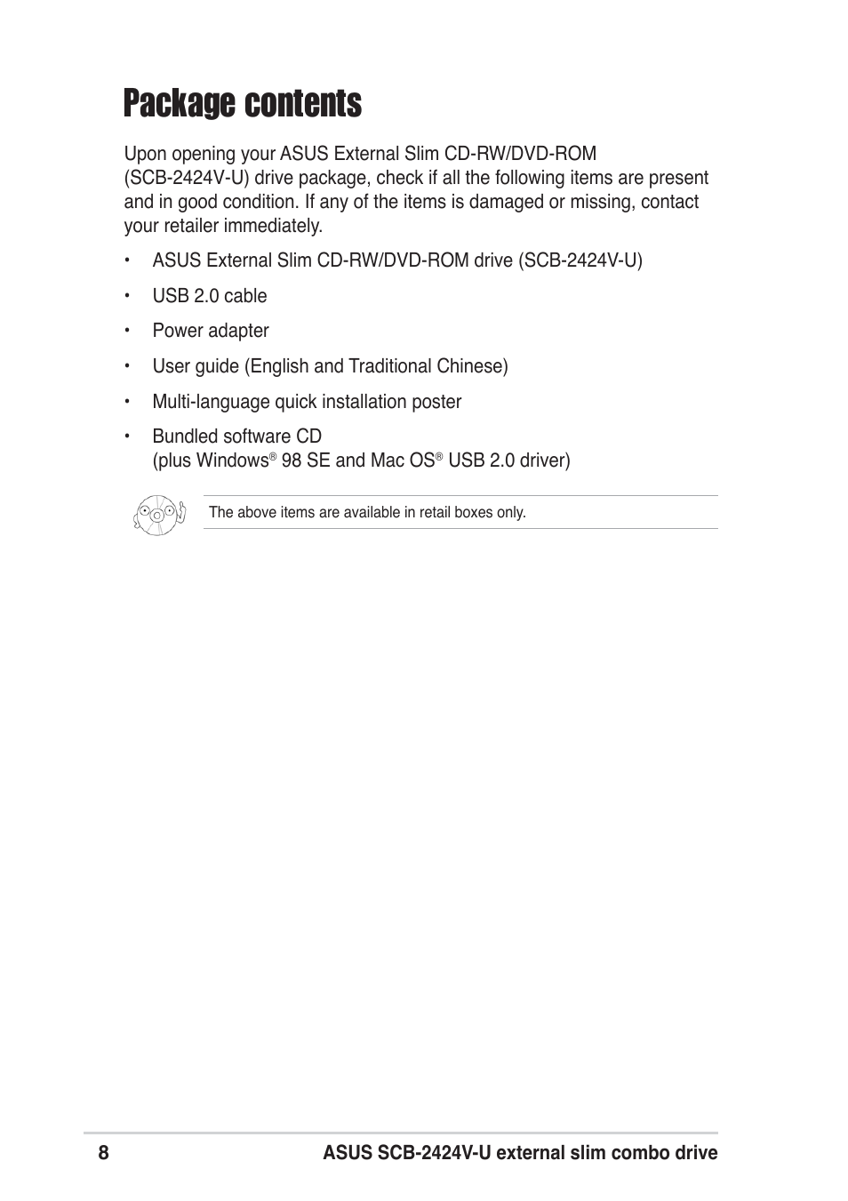 Package contents | Asus SCB-2424V-U User Manual | Page 8 / 28