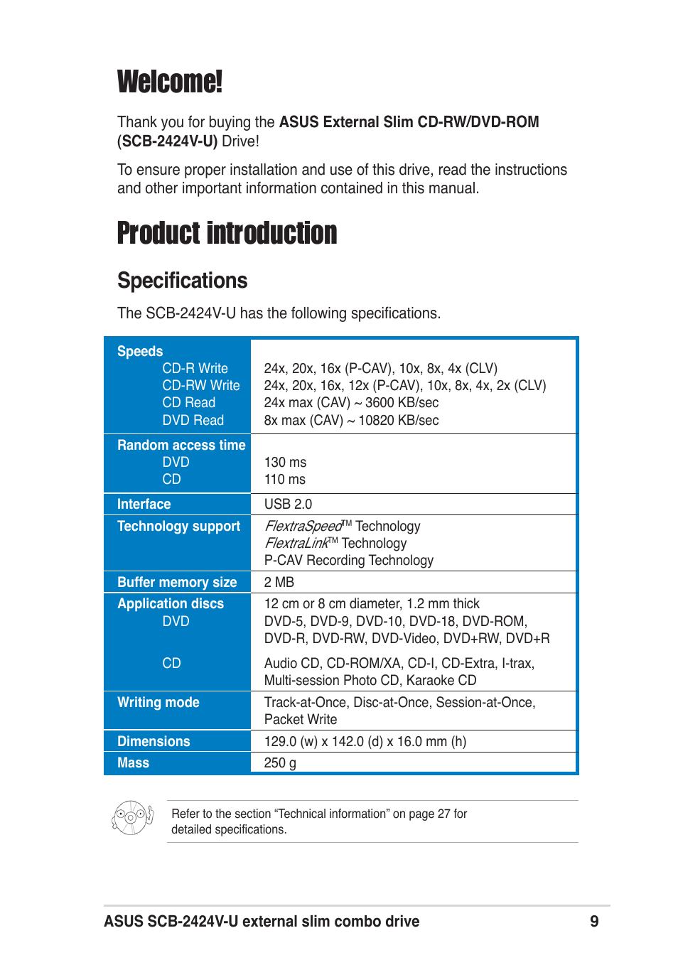 Welcome, Product introduction, Specifications | Asus SCB-2424V-U User Manual | Page 9 / 28