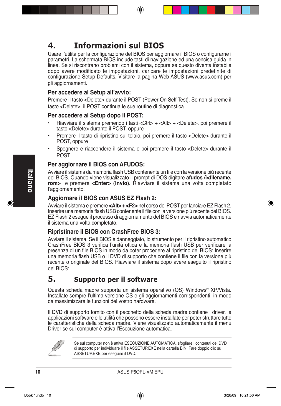 Informazioni sul bios, Italiano, Supporto per il software | Asus P5QPL-VM EPU User Manual | Page 10 / 38