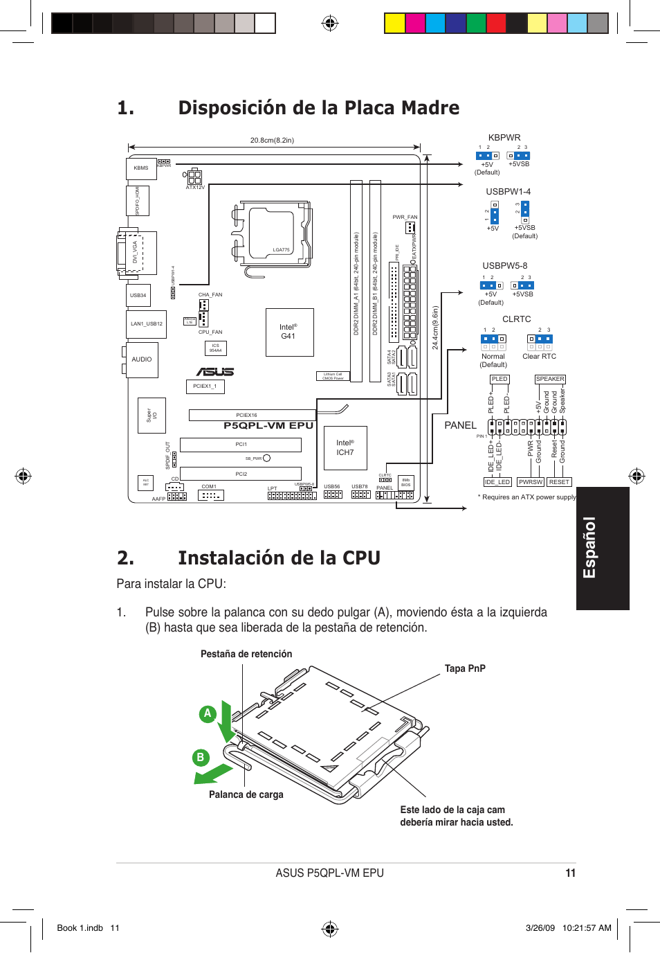 Español, 11 asus p5qpl-vm epu, Panel | Palanca de carga | Asus P5QPL-VM EPU User Manual | Page 11 / 38