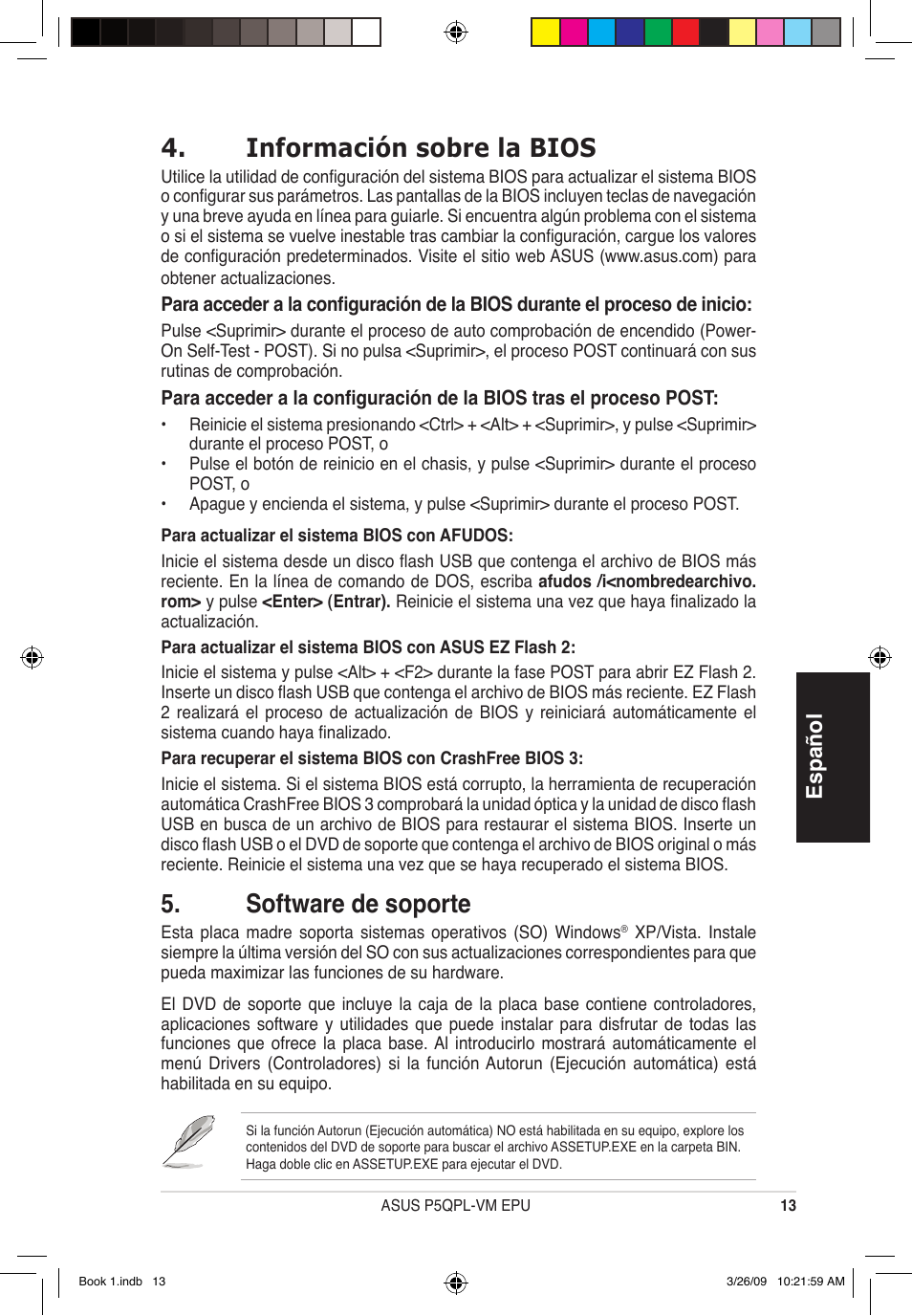 Información sobre la bios, Software de soporte, Español | Asus P5QPL-VM EPU User Manual | Page 13 / 38