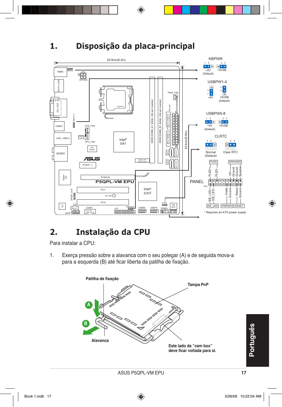 Disposição da placa-principal 2. instalação da cpu, Português, 1 asus p5qpl-vm epu | Panel, Alavanca | Asus P5QPL-VM EPU User Manual | Page 17 / 38