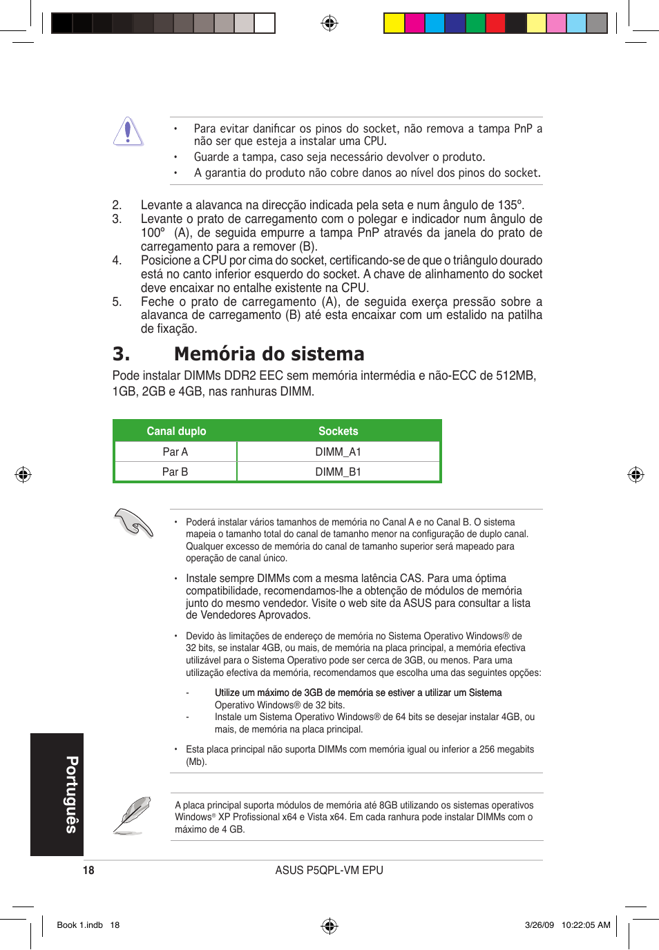 Memória do sistema, Português | Asus P5QPL-VM EPU User Manual | Page 18 / 38