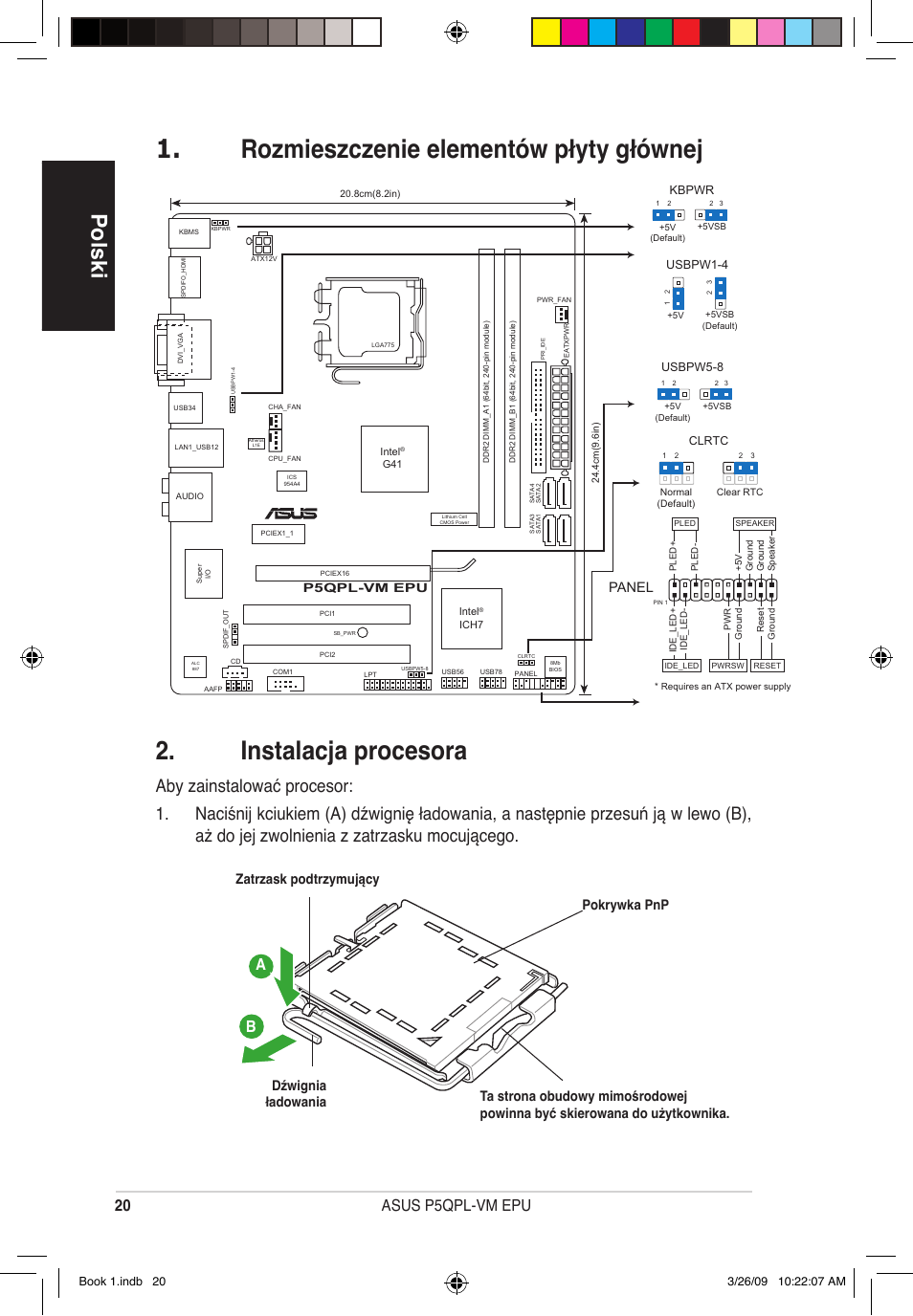Polski, 0 asus p5qpl-vm epu, Panel | Dźwignia ładowania | Asus P5QPL-VM EPU User Manual | Page 20 / 38