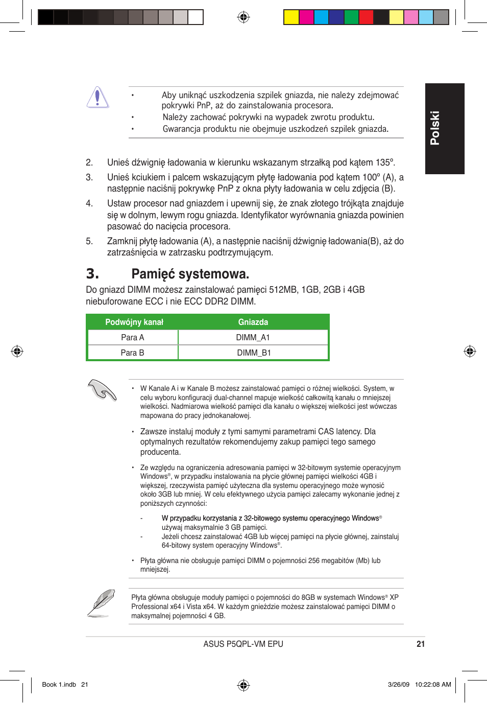 Pamięć systemowa, Polski | Asus P5QPL-VM EPU User Manual | Page 21 / 38