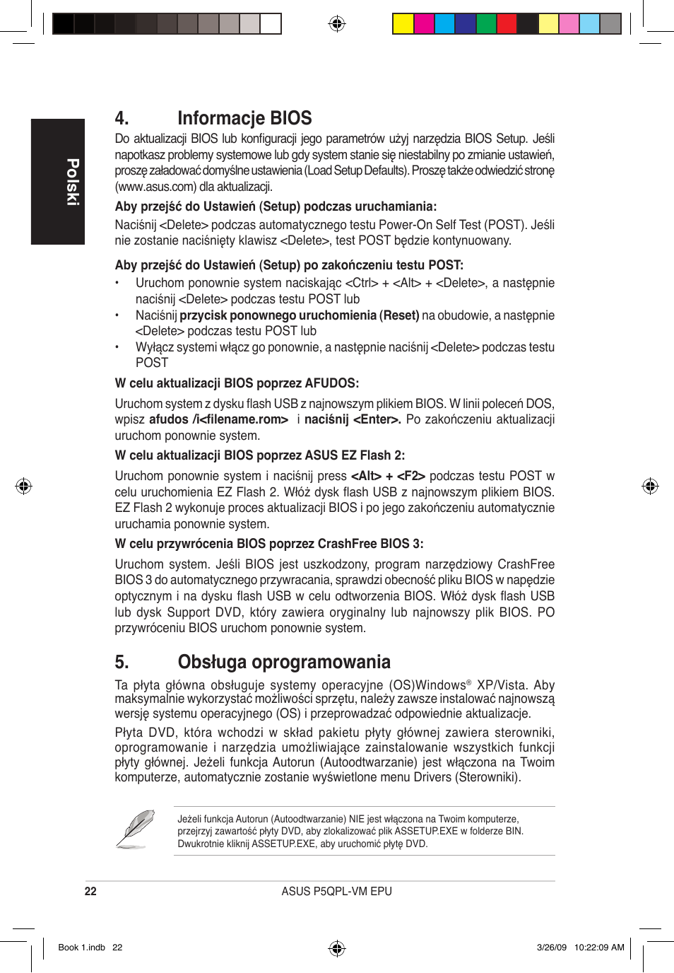 Informacje bios, Obsługa oprogramowania, Polski | Asus P5QPL-VM EPU User Manual | Page 22 / 38