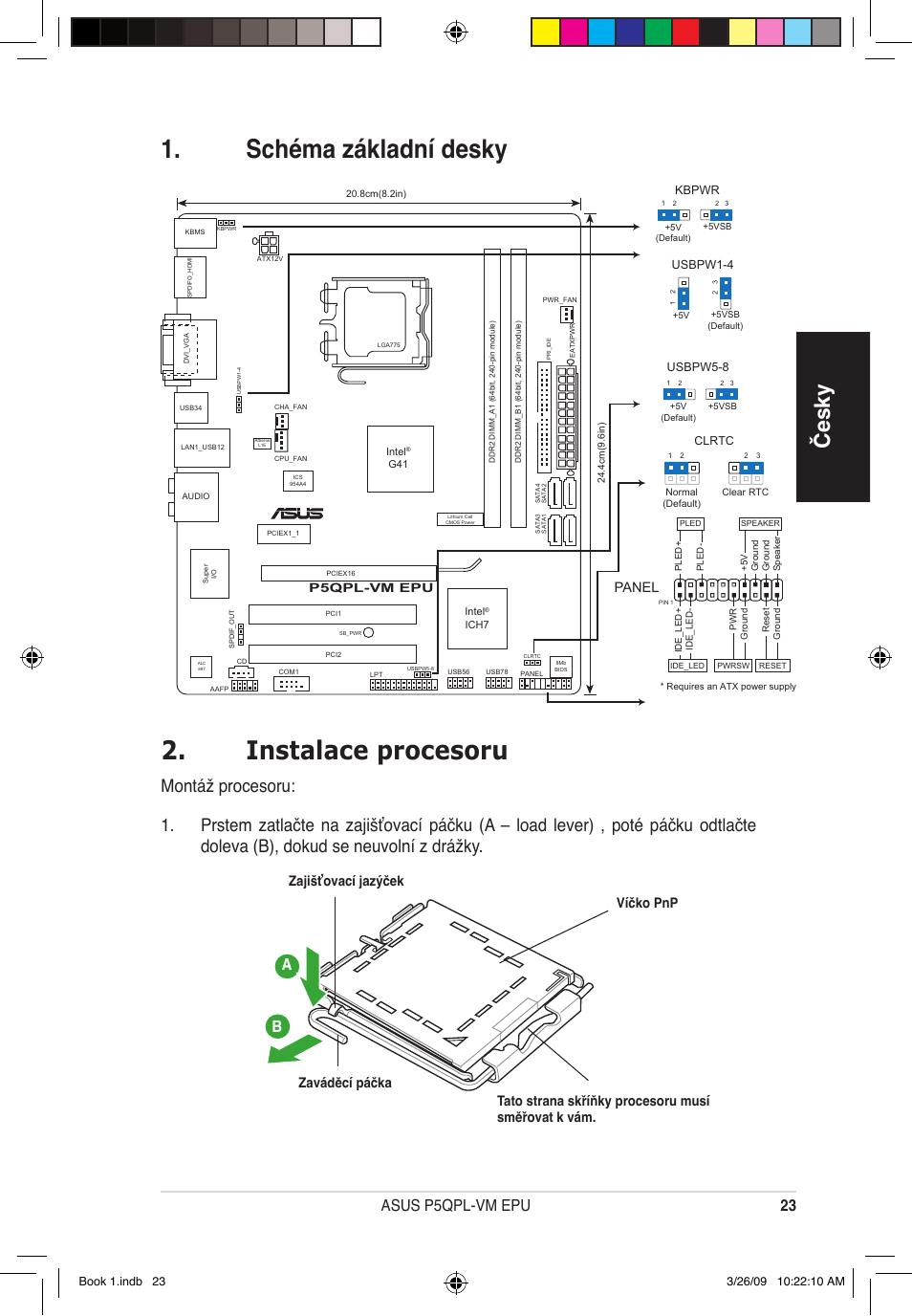 Schéma základní desky 2. instalace procesoru, Česky, 3 asus p5qpl-vm epu | Panel, Zaváděcí páčka | Asus P5QPL-VM EPU User Manual | Page 23 / 38