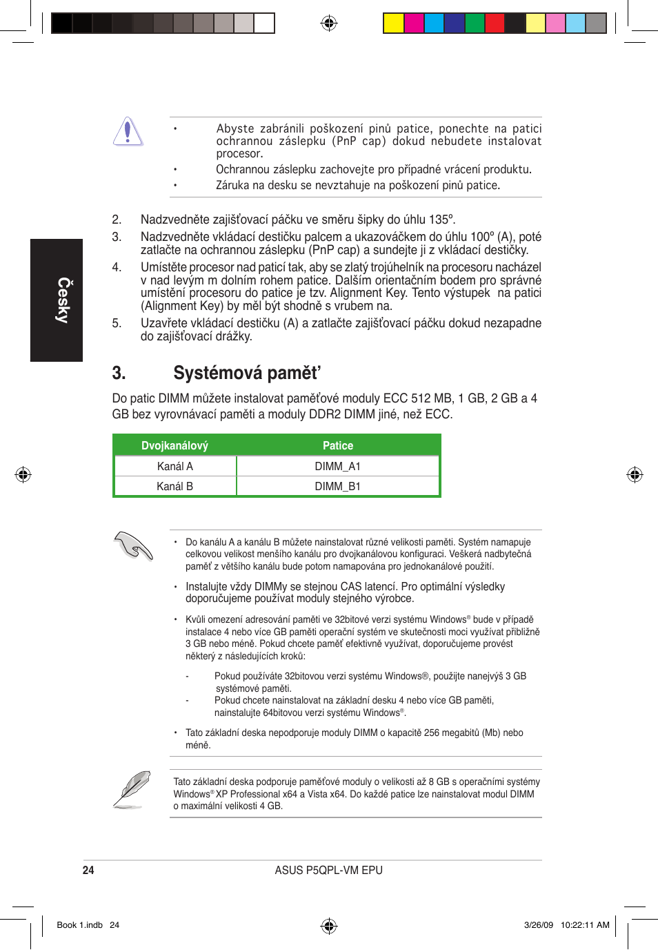 Systémová pamět, Česky | Asus P5QPL-VM EPU User Manual | Page 24 / 38