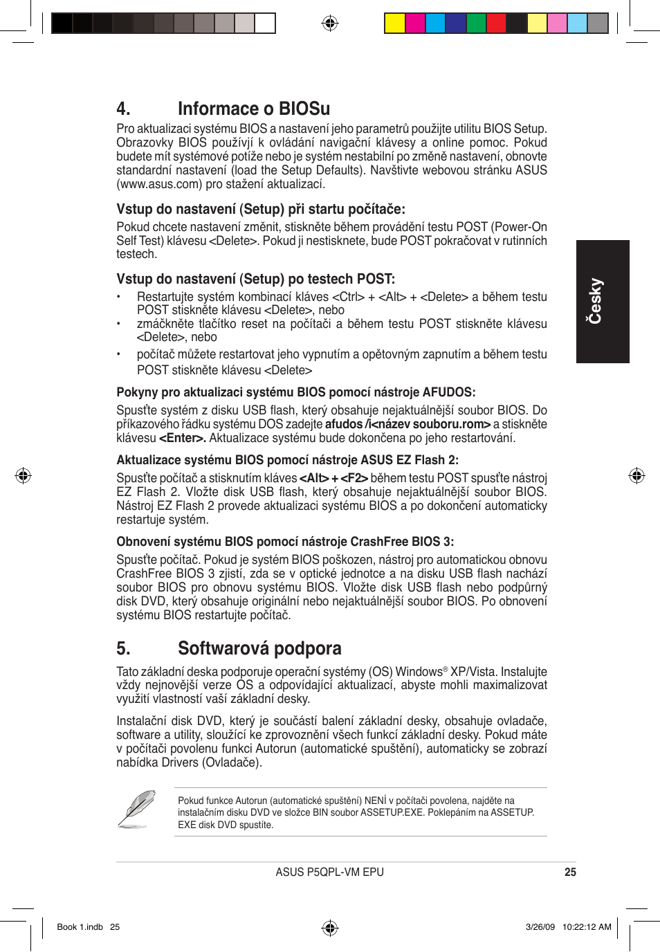 Informace o biosu, Softwarová podpora, Česky | Asus P5QPL-VM EPU User Manual | Page 25 / 38