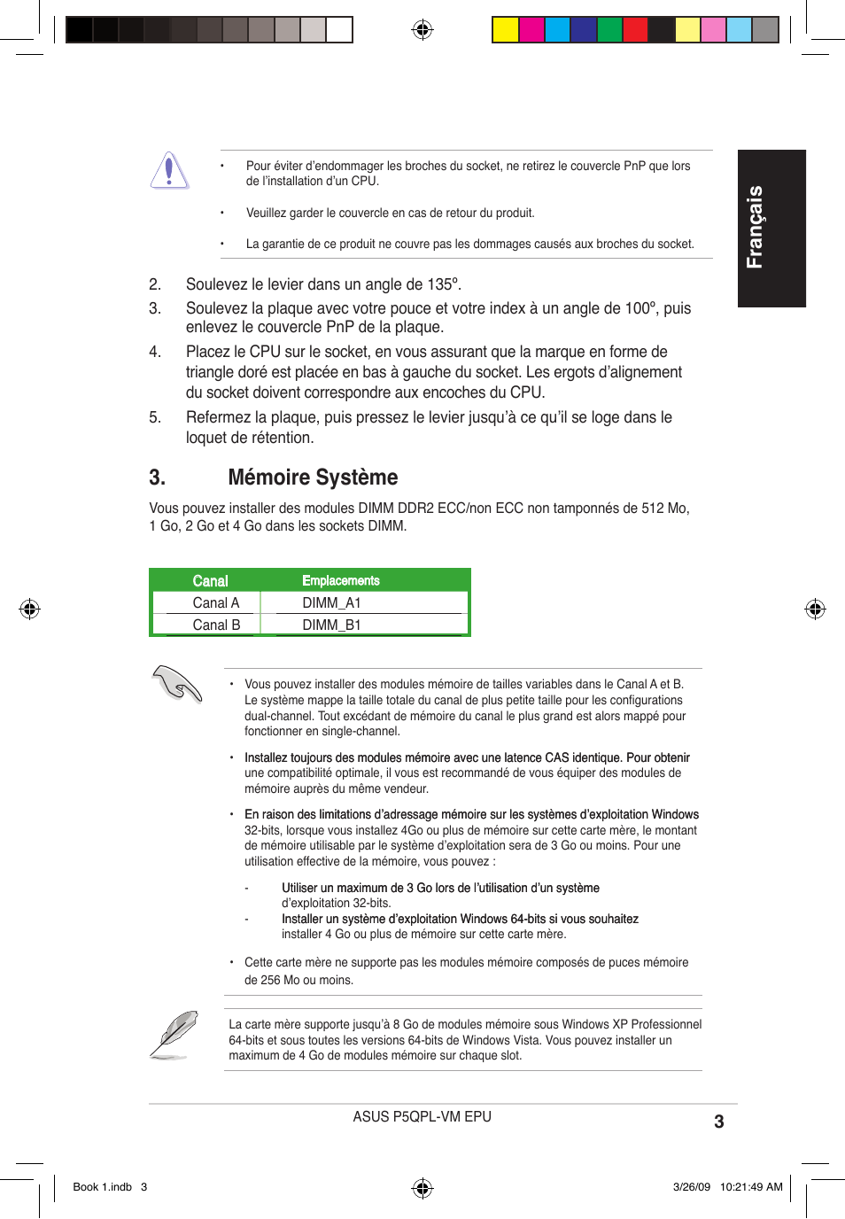 Mémoire système, Français | Asus P5QPL-VM EPU User Manual | Page 3 / 38