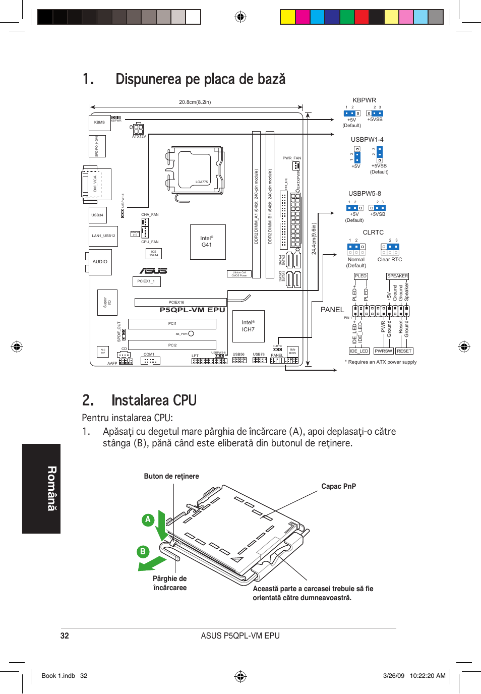 Dispunerea pe placa de bază 2. instalarea cpu, Română, 3 asus p5qpl-vm epu | Panel, Pârghie de încărcaree | Asus P5QPL-VM EPU User Manual | Page 32 / 38