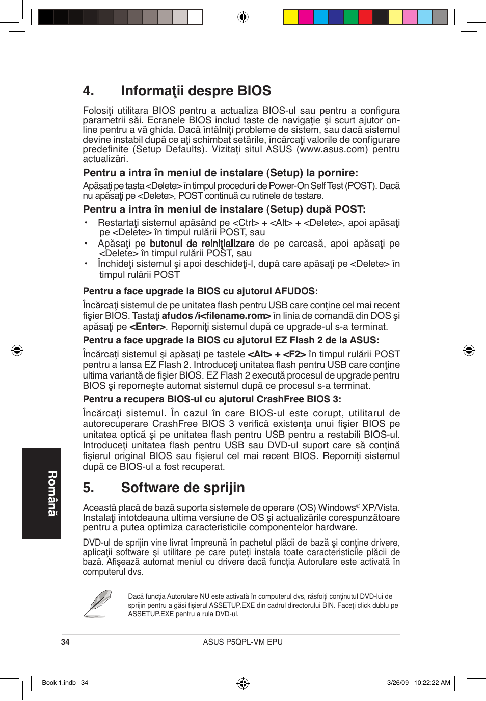 Informaţii despre bios, Software de sprijin, Română | Asus P5QPL-VM EPU User Manual | Page 34 / 38