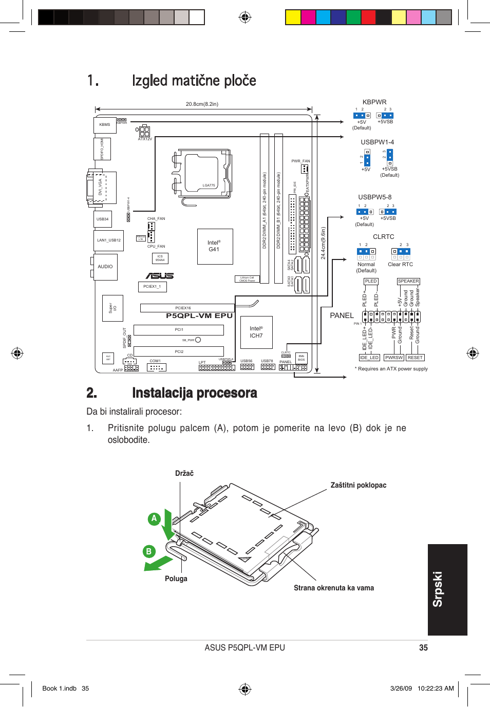 Izgled matične ploče . instalacija procesora, Srpski, 35 asus p5qpl-vm epu | Držač zaštitni poklopac strana okrenuta ka vama, Panel, Poluga | Asus P5QPL-VM EPU User Manual | Page 35 / 38