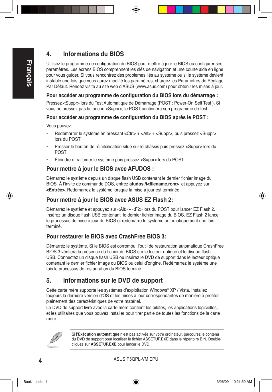 Français, Informations du bios, Informations sur le dvd de support | Asus P5QPL-VM EPU User Manual | Page 4 / 38