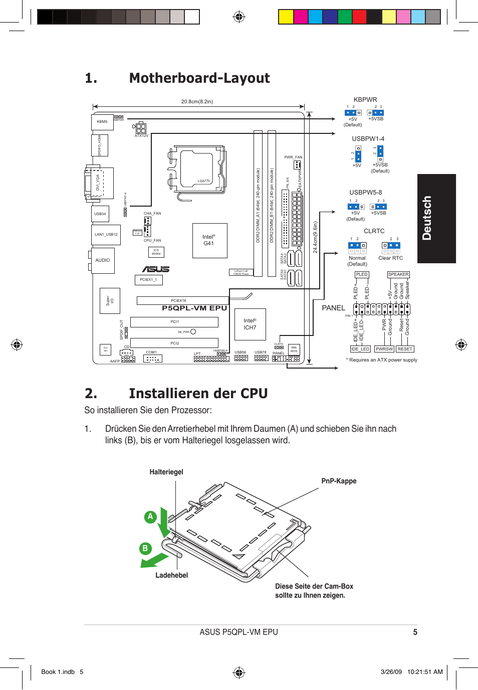 Motherboard-layout 2. installieren der cpu, Deutsch, 5asus p5qpl-vm epu | Panel, Ladehebel | Asus P5QPL-VM EPU User Manual | Page 5 / 38
