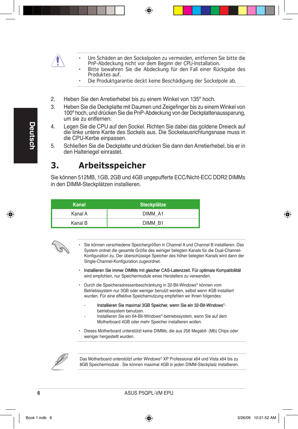 Arbeitsspeicher, Deutsch | Asus P5QPL-VM EPU User Manual | Page 6 / 38