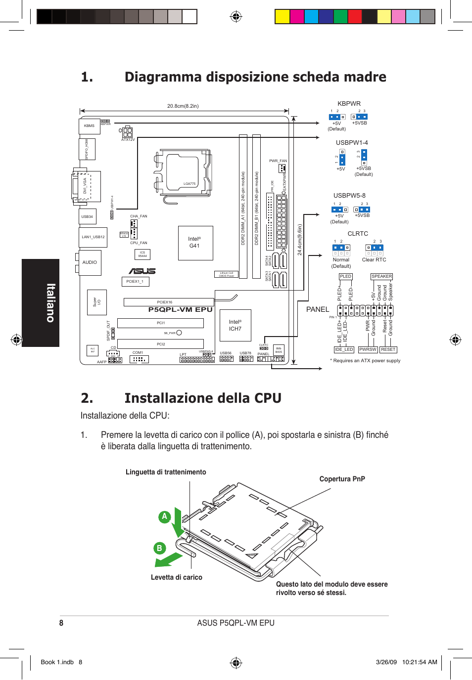 Italiano, 8asus p5qpl-vm epu, Panel | Levetta di carico | Asus P5QPL-VM EPU User Manual | Page 8 / 38