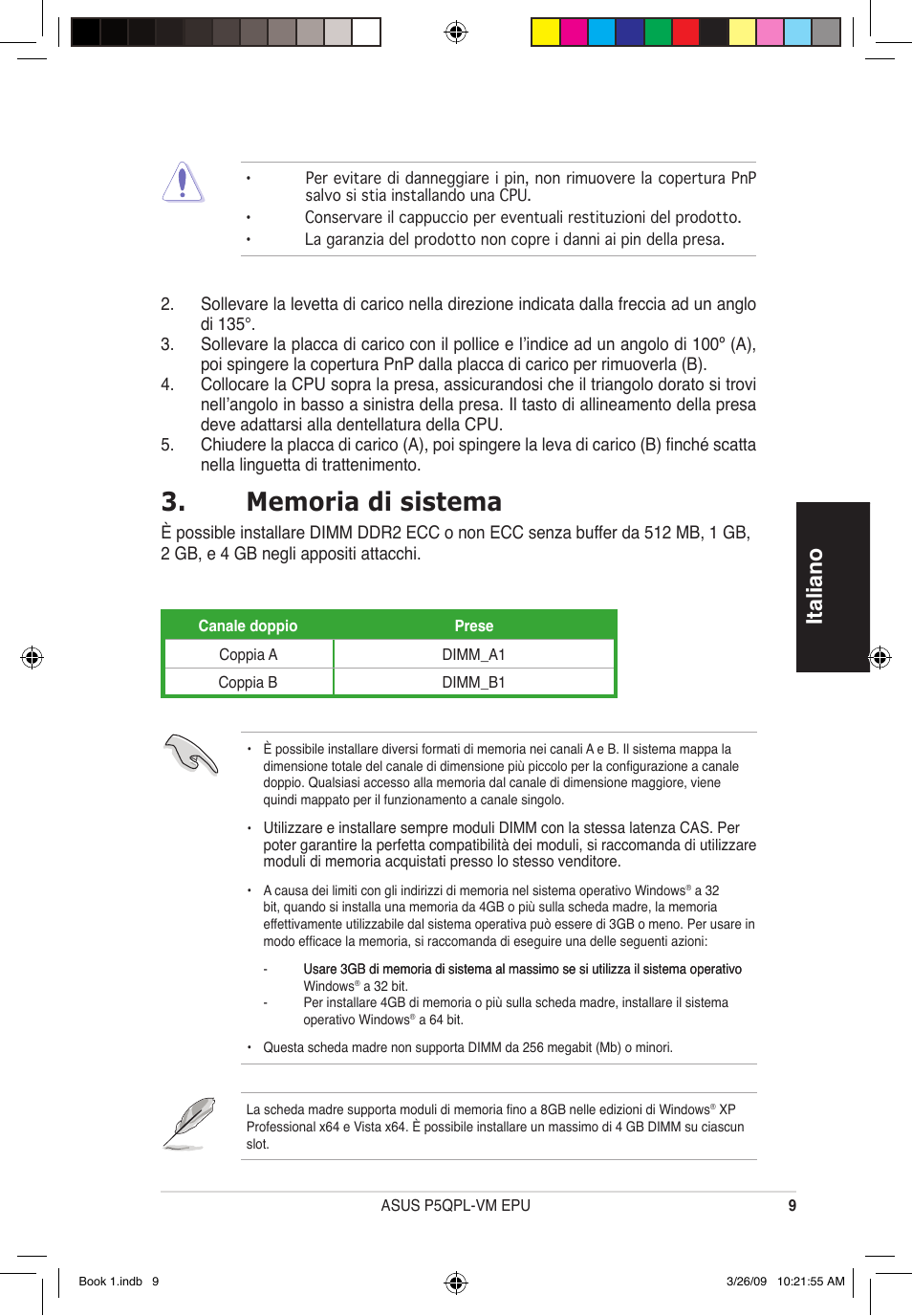 Italiano | Asus P5QPL-VM EPU User Manual | Page 9 / 38