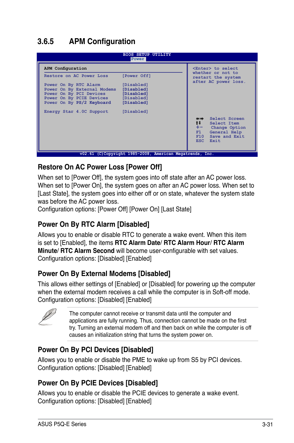 5 apm configuration, Apm configuration -31, Restore on ac power loss [power off | Power on by rtc alarm [disabled, Power on by external modems [disabled, Power on by pci devices [disabled, Power on by pcie devices [disabled | Asus P5Q-E/WiFi-AP User Manual | Page 101 / 192