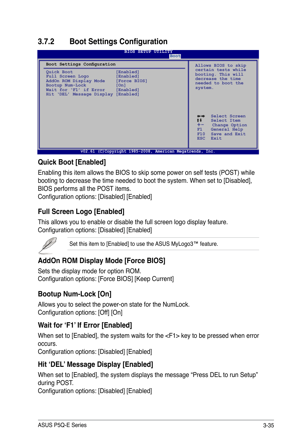 2 boot settings configuration, Boot settings configuration -35, Quick boot [enabled | Full screen logo [enabled, Addon rom display mode [force bios, Bootup num-lock [on, Wait for ‘f1’ if error [enabled, Hit ‘del’ message display [enabled | Asus P5Q-E/WiFi-AP User Manual | Page 105 / 192