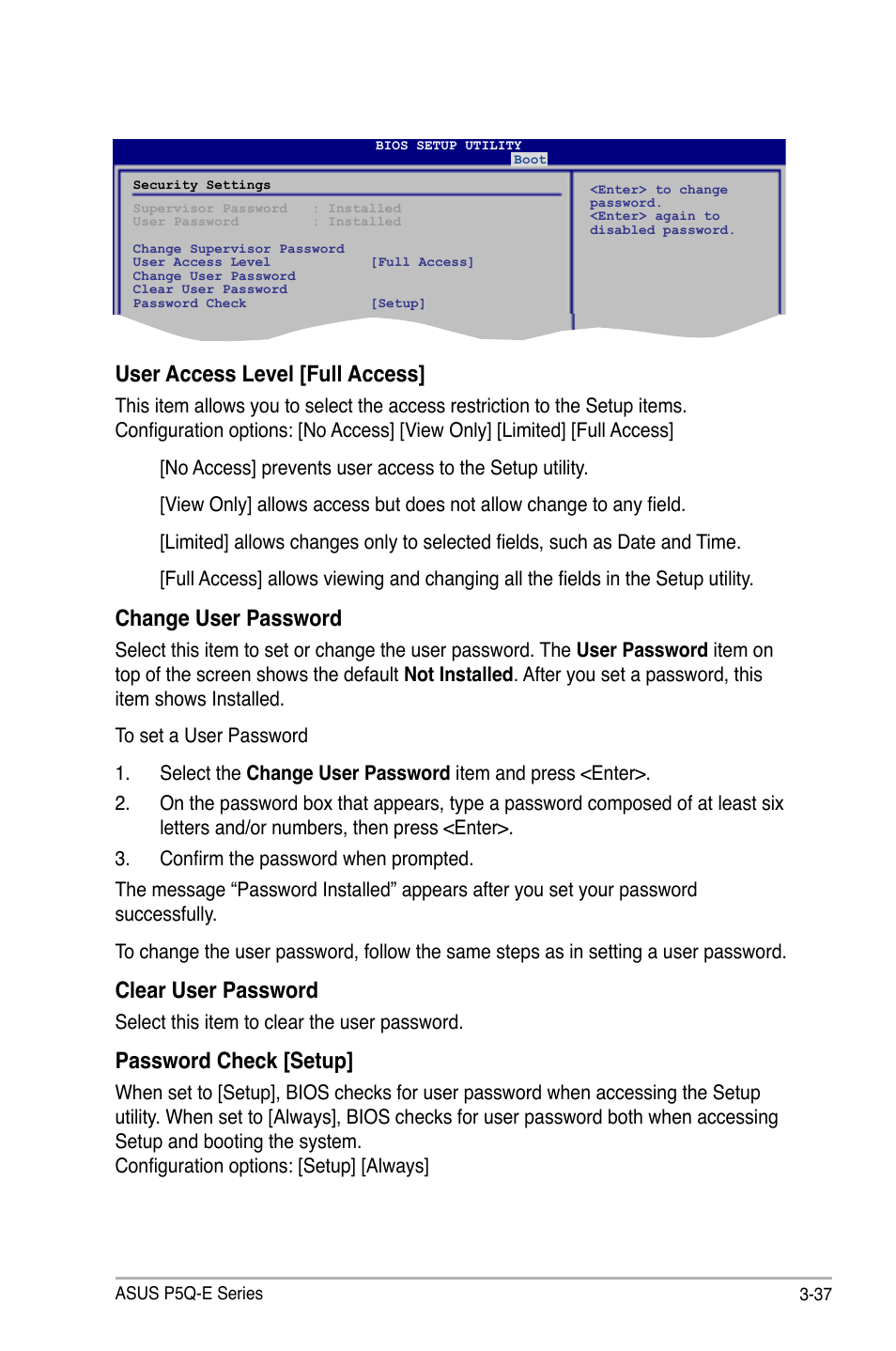User access level [full access, Change user password, Clear user password | Password check [setup | Asus P5Q-E/WiFi-AP User Manual | Page 107 / 192