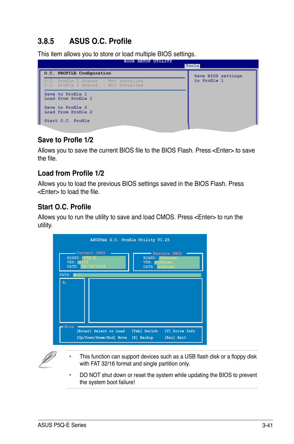 5 asus o.c. profile, Asus o.c. profile -41, Save to profle 1/2 | Load from profile 1/2, Start o.c. profile | Asus P5Q-E/WiFi-AP User Manual | Page 111 / 192