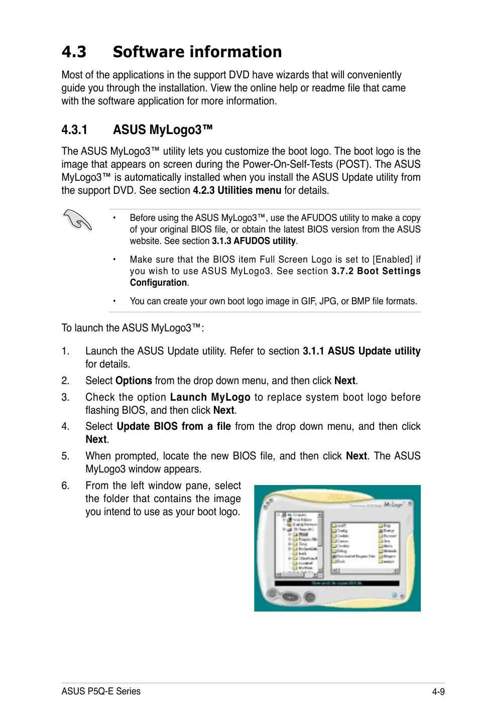 3 software information, 1 asus mylogo3, Software information -9 4.3.1 | Asus mylogo3™ -9 | Asus P5Q-E/WiFi-AP User Manual | Page 125 / 192