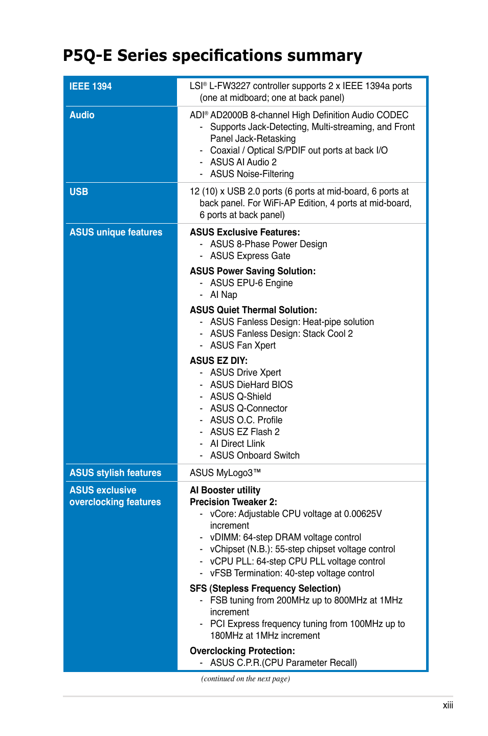 P5q-e series specifications summary | Asus P5Q-E/WiFi-AP User Manual | Page 13 / 192