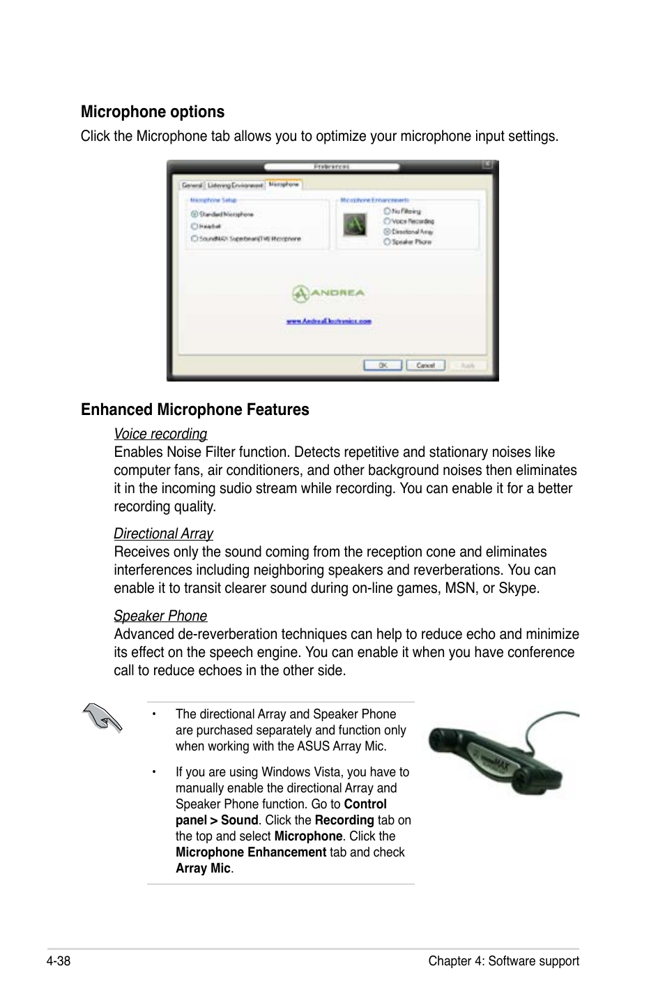 Microphone options, Enhanced microphone features | Asus P5Q-E/WiFi-AP User Manual | Page 154 / 192