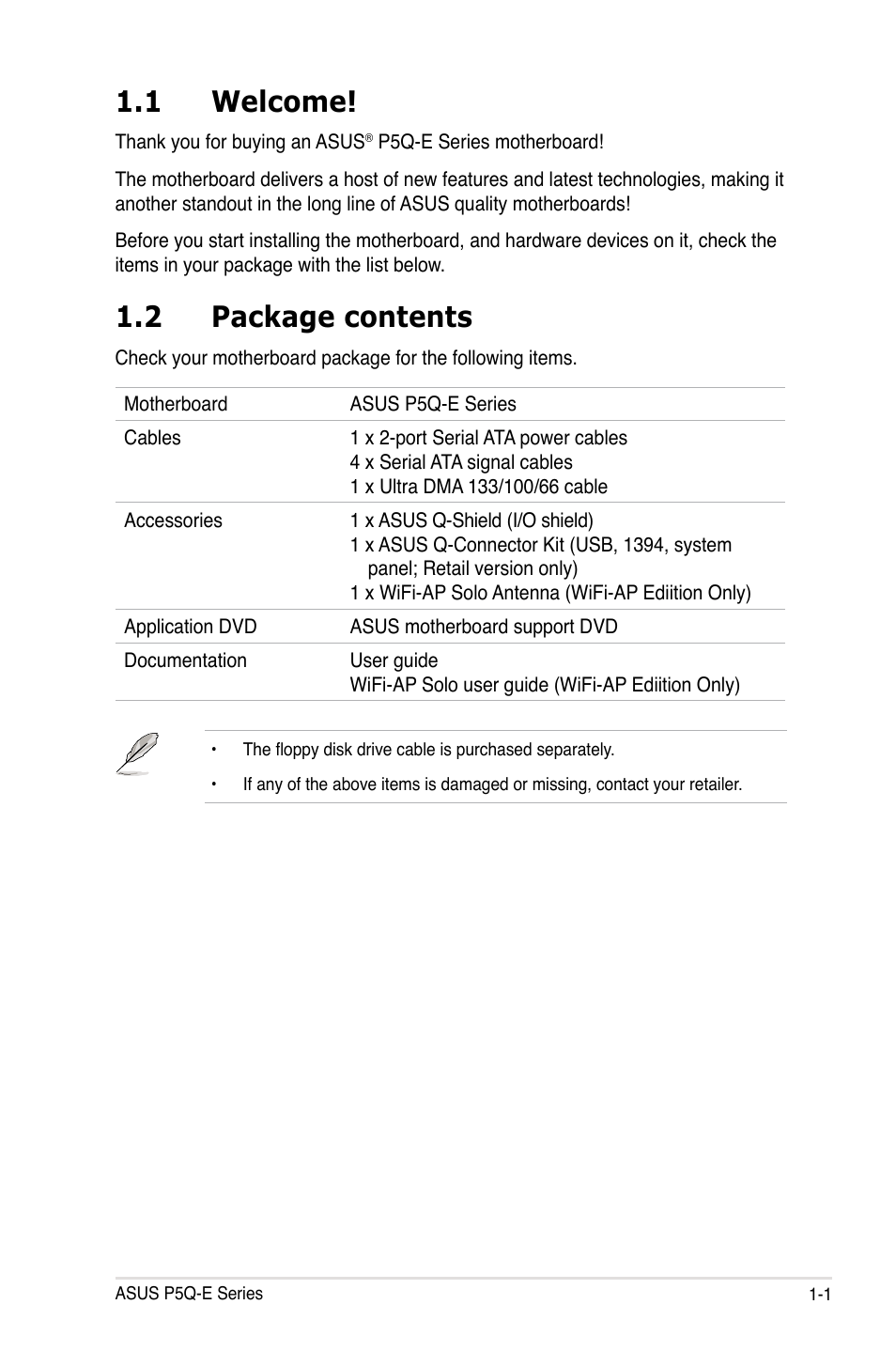 1 welcome, 2 package contents, Welcome! -1 | Package contents -1 | Asus P5Q-E/WiFi-AP User Manual | Page 17 / 192