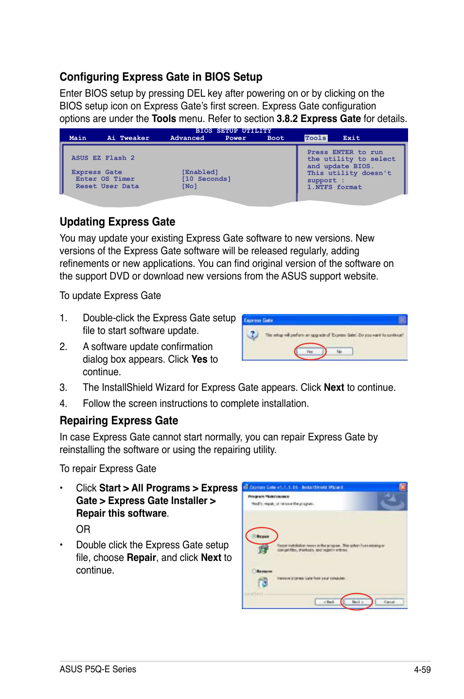 Configuring express gate in bios setup, Updating express gate, Repairing express gate | Asus P5Q-E/WiFi-AP User Manual | Page 175 / 192