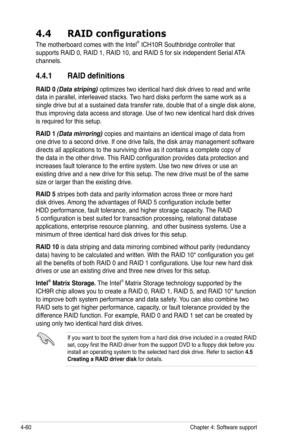 4 raid configurations, 1 raid definitions, Raid configurations -60 4.4.1 | Raid definitions -60 | Asus P5Q-E/WiFi-AP User Manual | Page 176 / 192