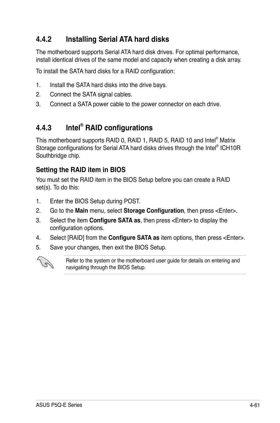 2 installing serial ata hard disks, 3 intel® raid configurations, Installing serial ata hard disks -61 | Intel, Raid configurations -61, 3 intel, Raid configurations | Asus P5Q-E/WiFi-AP User Manual | Page 177 / 192