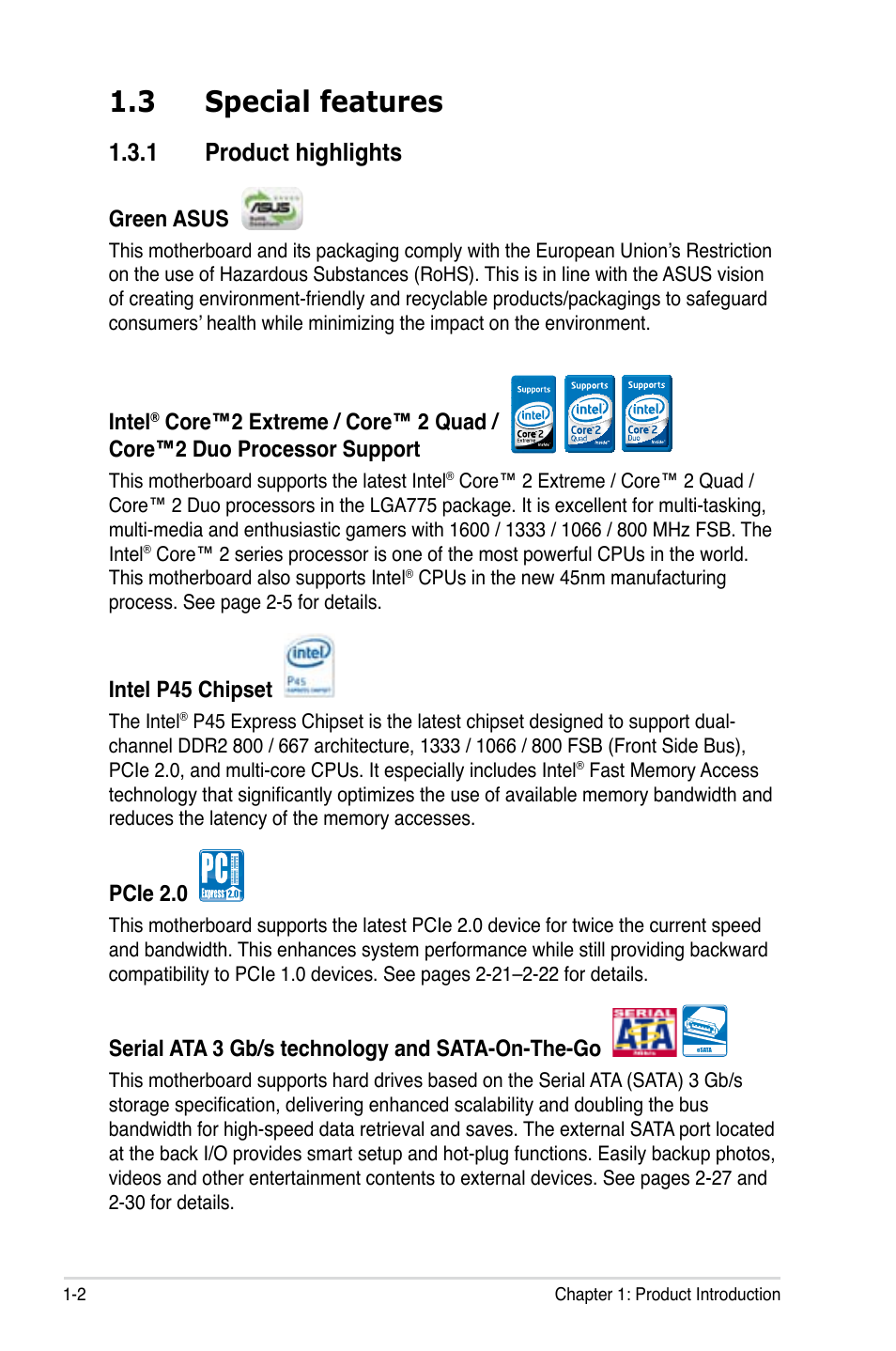 3 special features, 1 product highlights, Special features -2 1.3.1 | Product highlights -2 | Asus P5Q-E/WiFi-AP User Manual | Page 18 / 192