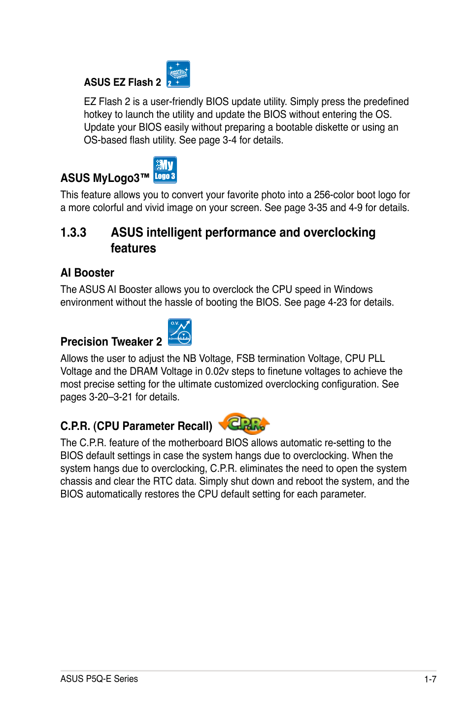 Asus intelligent performance, And overclocking features -7 | Asus P5Q-E/WiFi-AP User Manual | Page 23 / 192