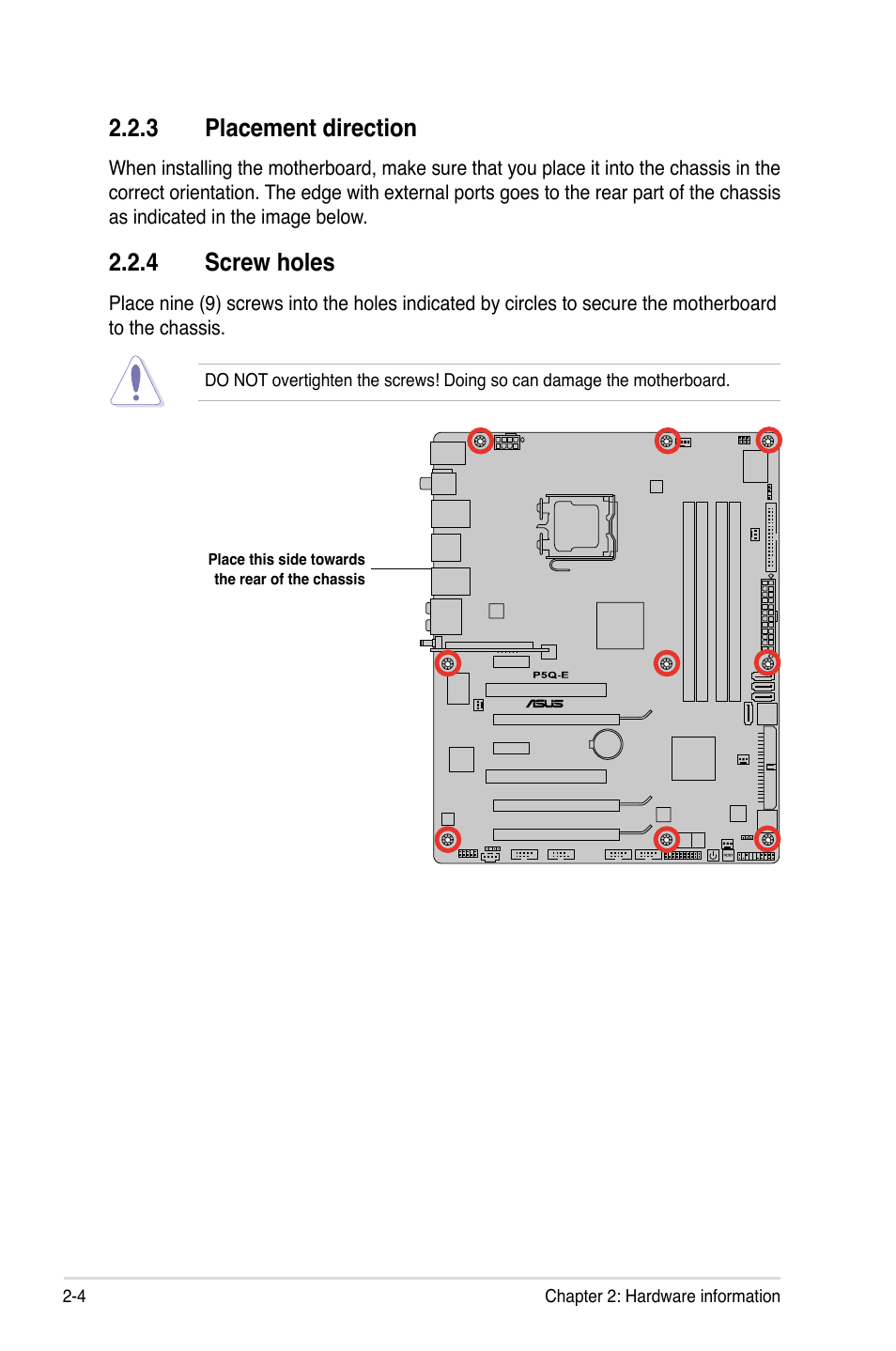 3 placement direction, 4 screw holes, Placement direction -4 | Screw holes -4 | Asus P5Q-E/WiFi-AP User Manual | Page 30 / 192