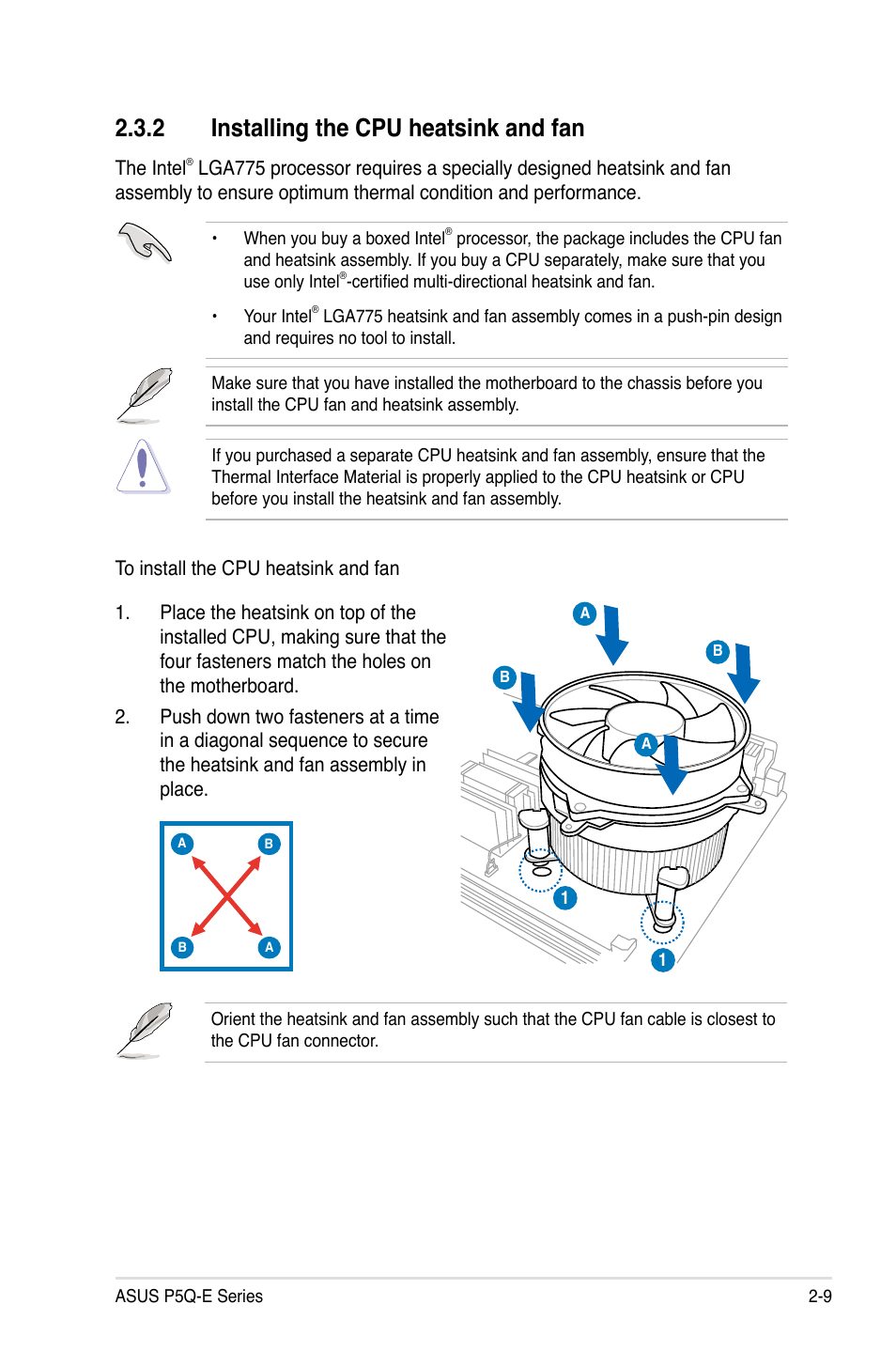 2 installing the cpu heatsink and fan, Installing the cpu heatsink and fan -9 | Asus P5Q-E/WiFi-AP User Manual | Page 35 / 192