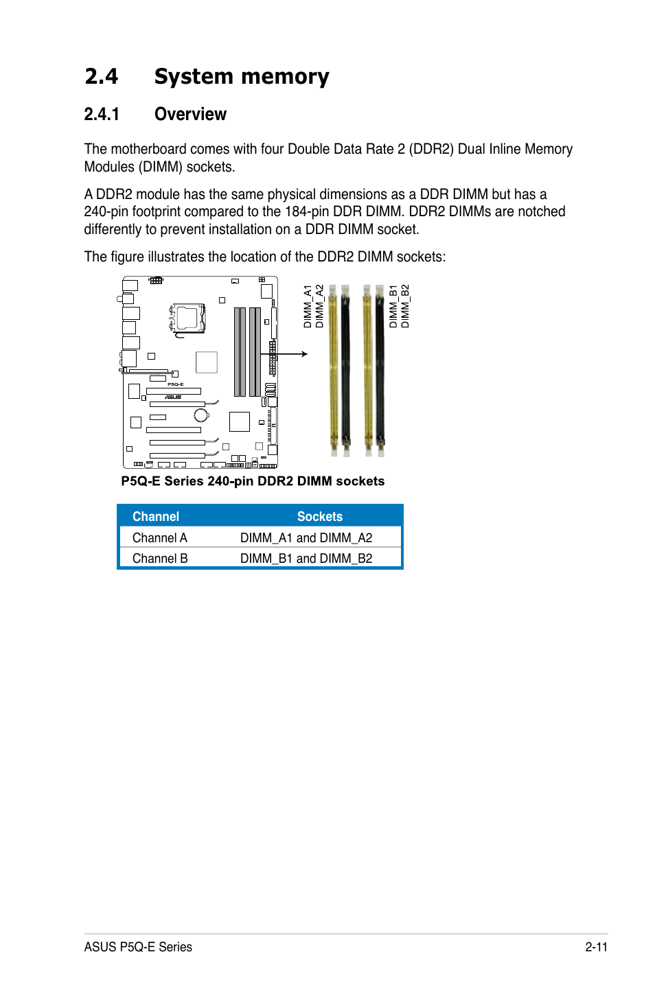 4 system memory, 1 overview, System memory -11 2.4.1 | Overview -11 | Asus P5Q-E/WiFi-AP User Manual | Page 37 / 192