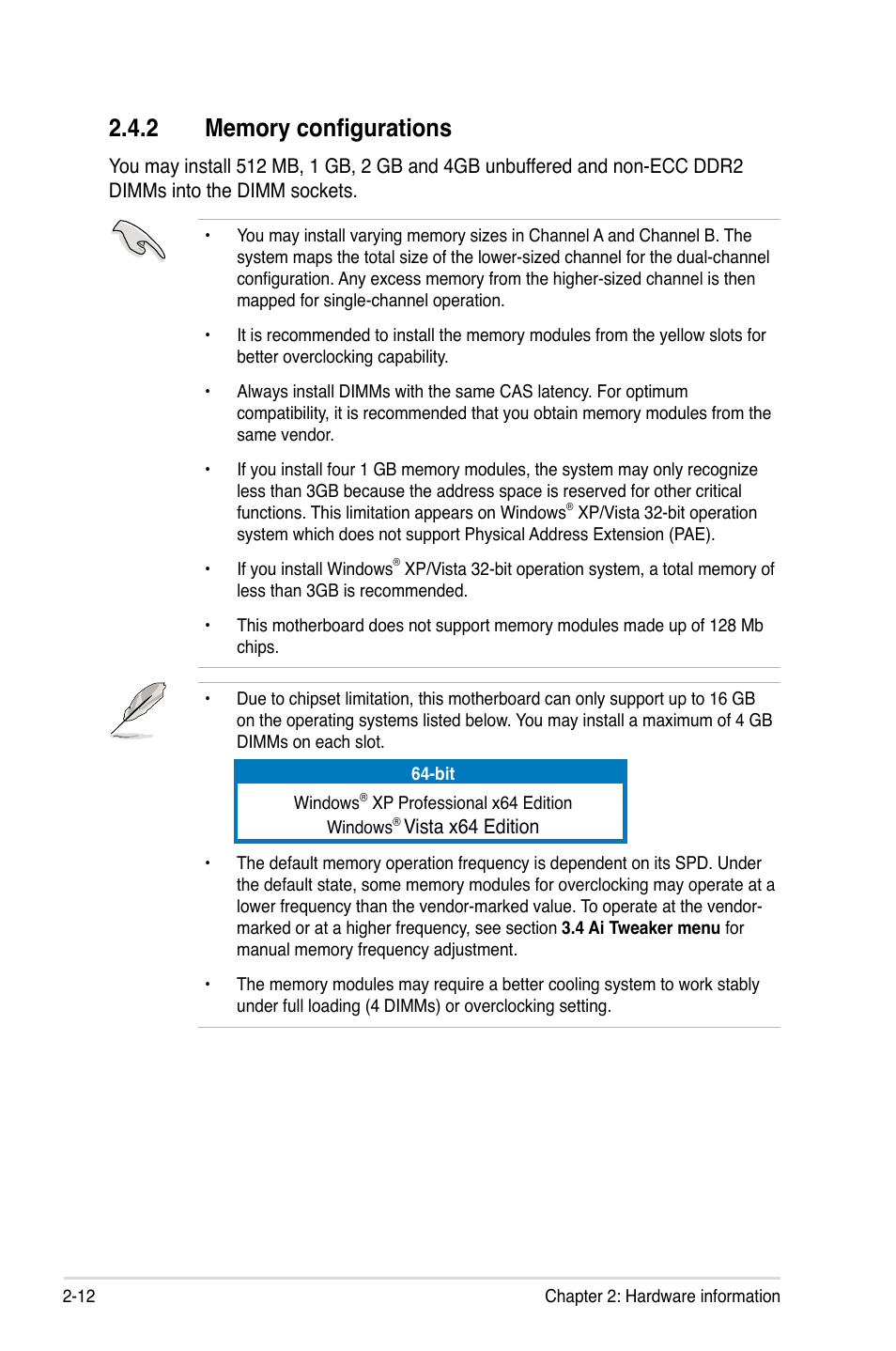 2 memory configurations, Memory configurations -12 | Asus P5Q-E/WiFi-AP User Manual | Page 38 / 192