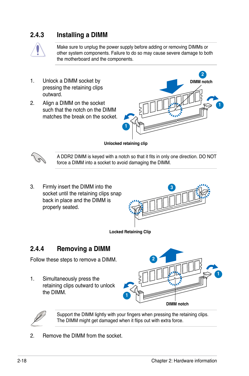 3 installing a dimm, 4 removing a dimm, Installing a dimm -18 | Removing a dimm -18 | Asus P5Q-E/WiFi-AP User Manual | Page 44 / 192